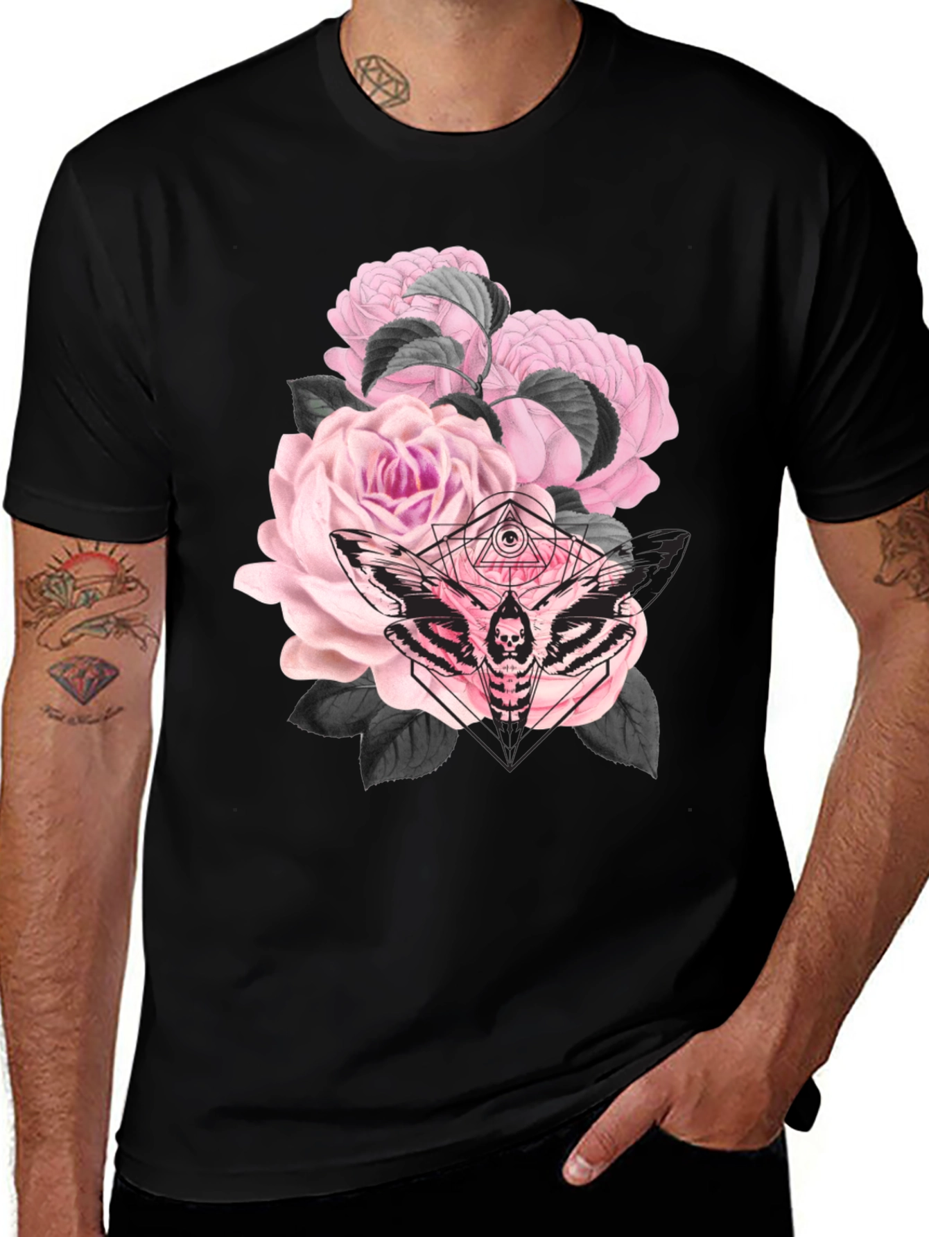 Gothic Floral Moth Black T-Shirt