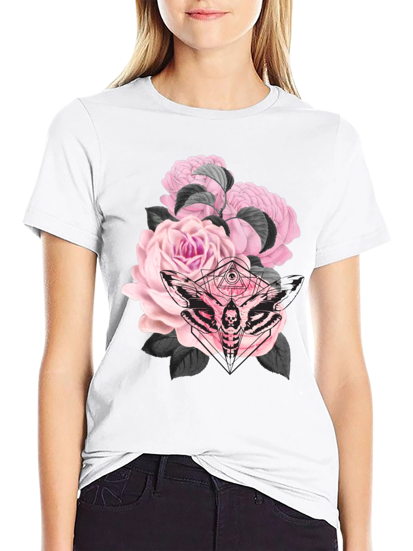 Gothic Floral Moth Black T-Shirt