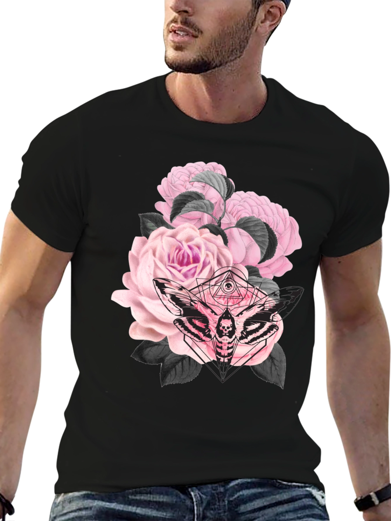 Gothic Floral Moth Black T-Shirt