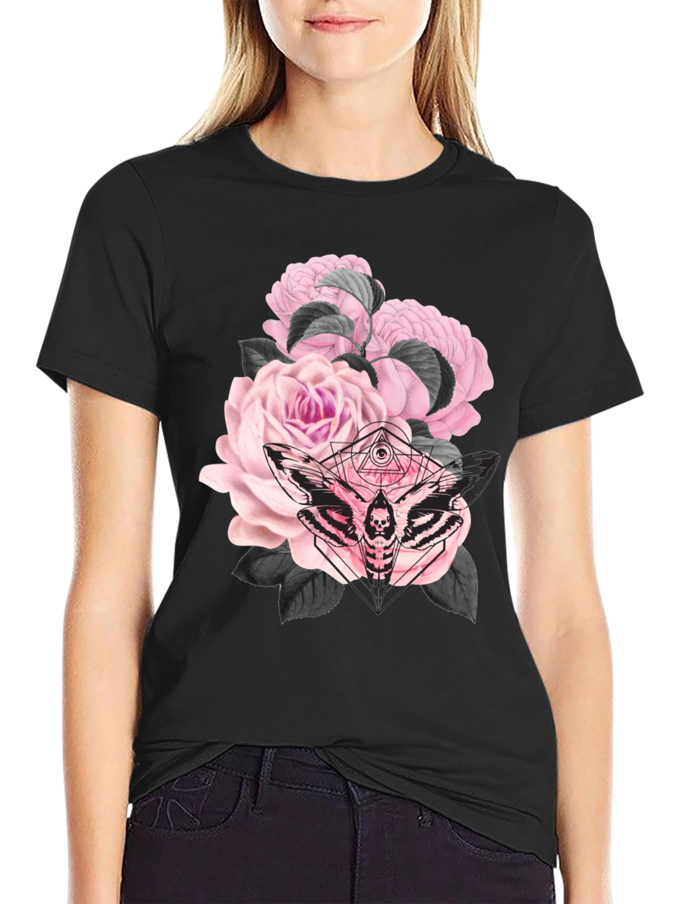 Gothic Floral Moth Black T-Shirt