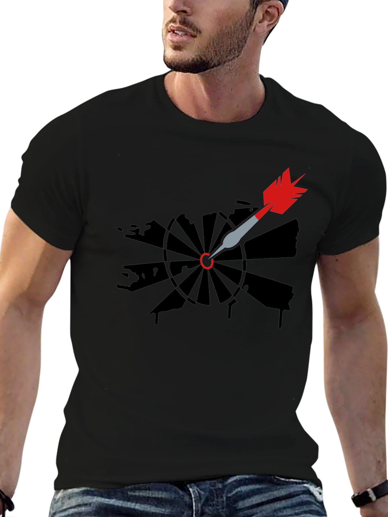Dartboard Arrow Graphic Tee - Black Cotton Casual T-Shirt