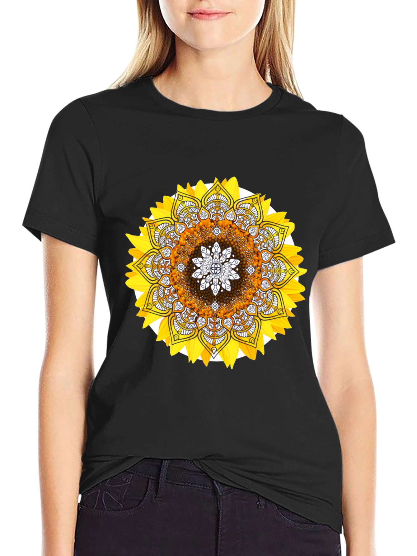 Sunflower Mandala Graphic Tee - Stylish Black T-Shirt