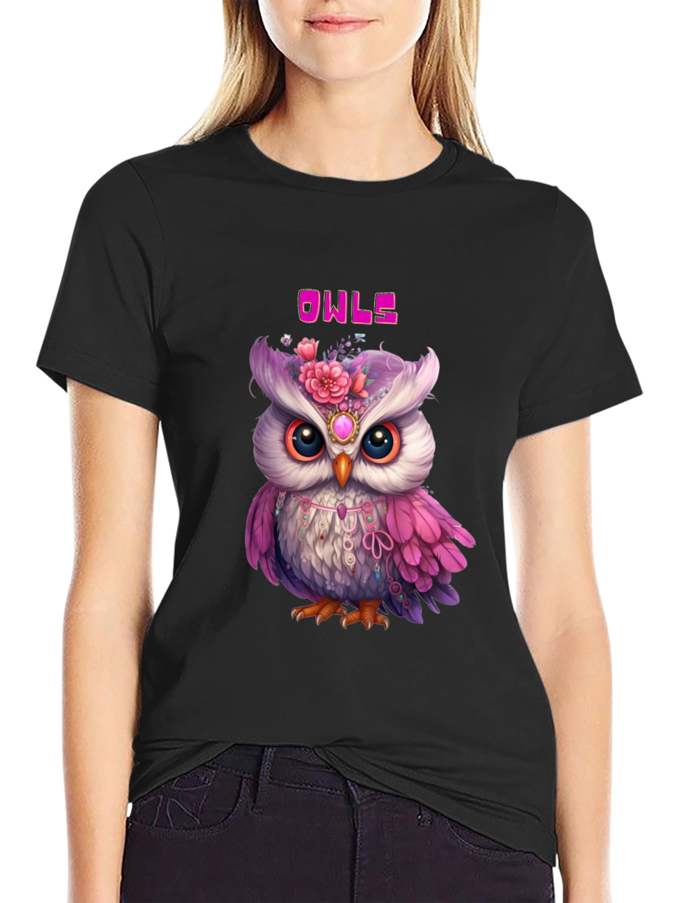 Cute Owls Graphic Black T-Shirt