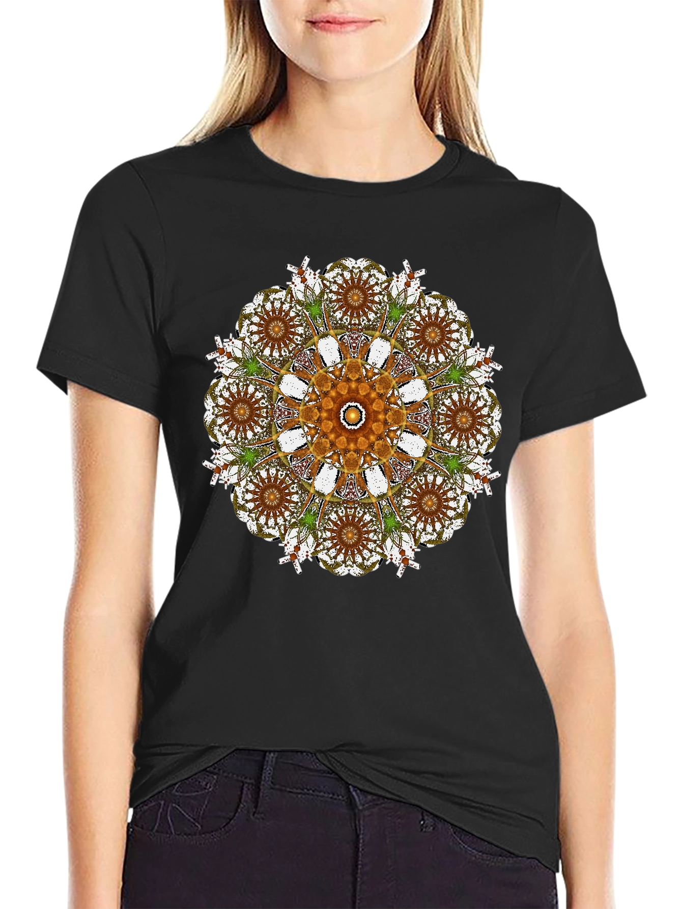 Mandala Print Black Crew Neck T-Shirt