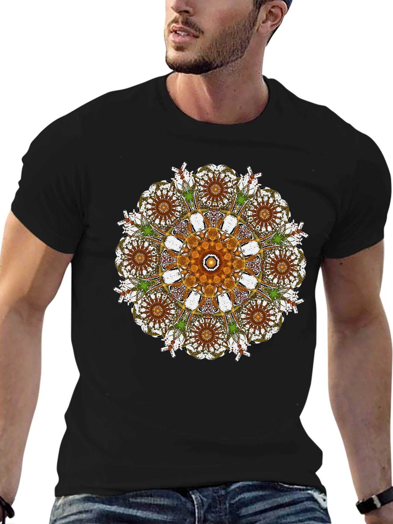 Mandala Print Black Crew Neck T-Shirt