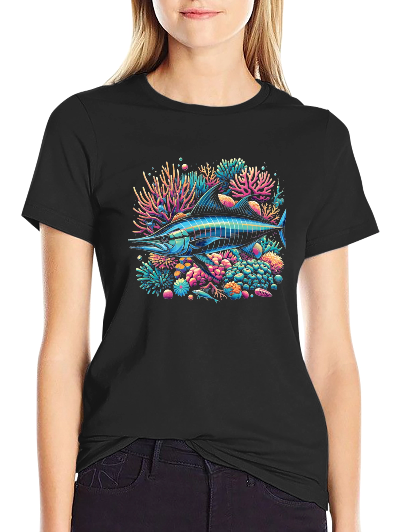 Neon Marlin Reef Graphic Tee - Black