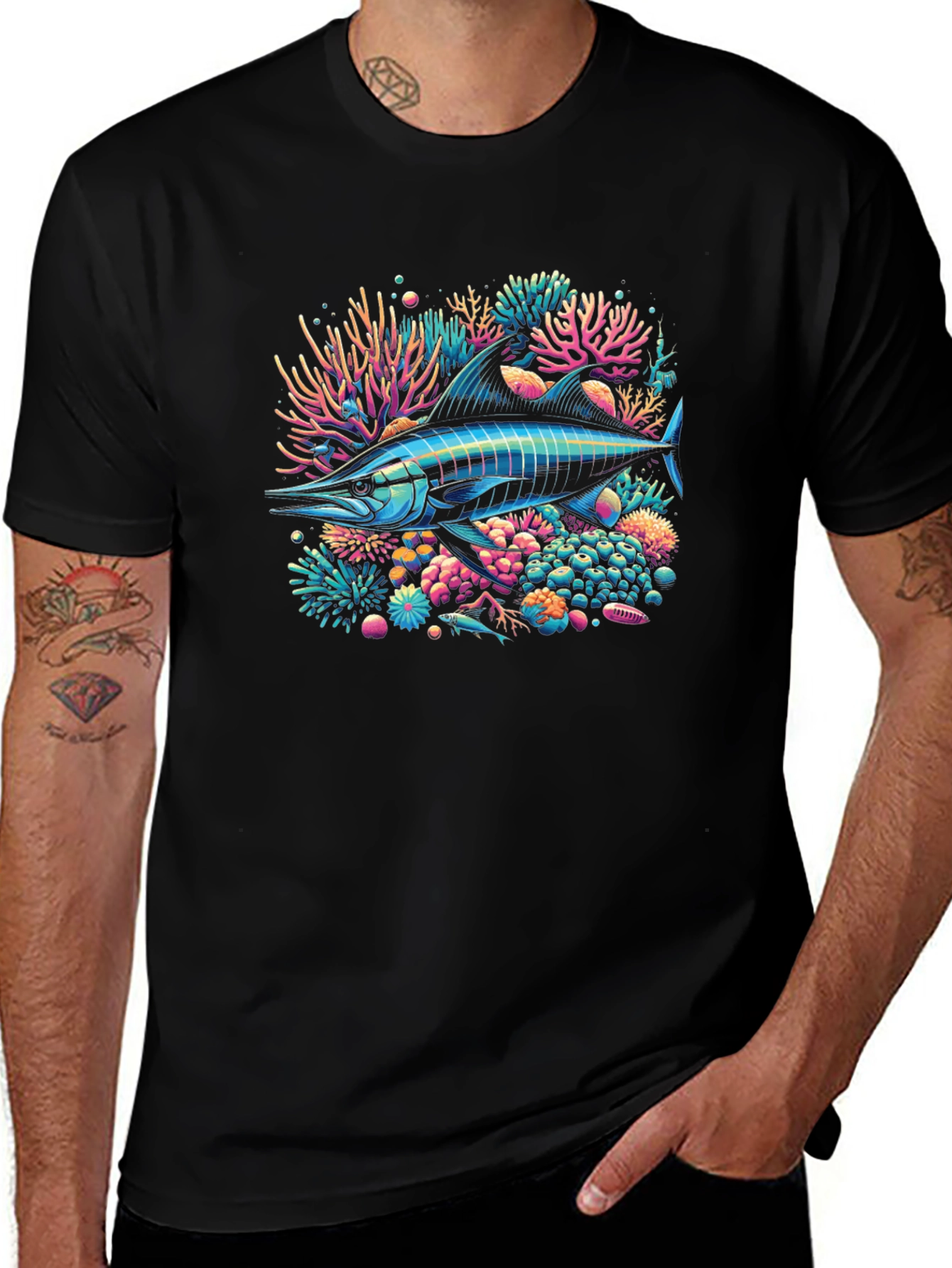 Neon Marlin Reef Graphic Tee - Black