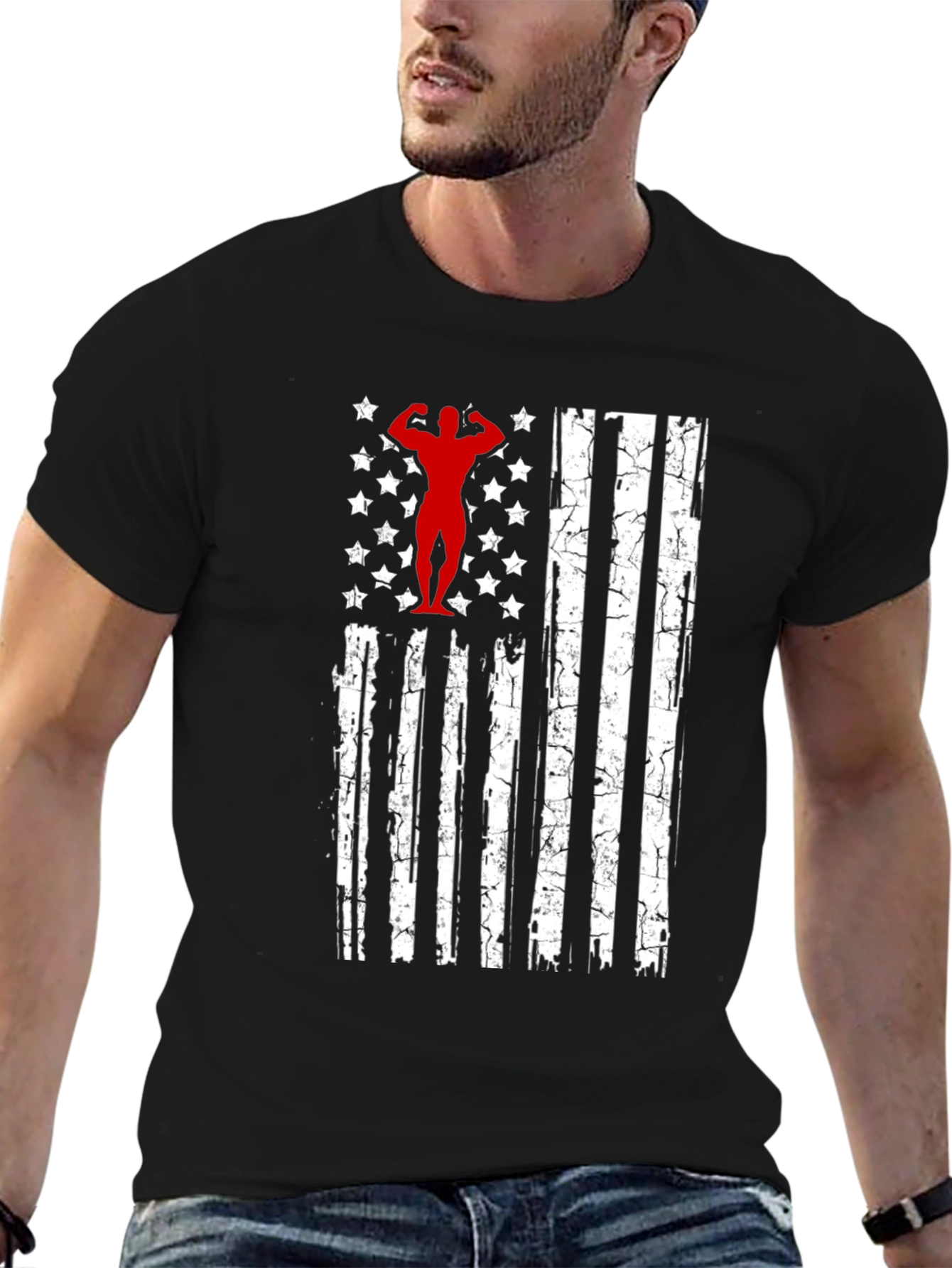 Patriotic Gym T-Shirt - American Flag Bodybuilder Design