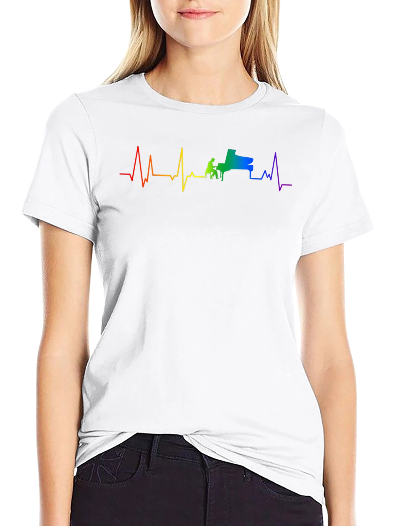 Piano Heartbeat Rainbow Graphic Tee - Black