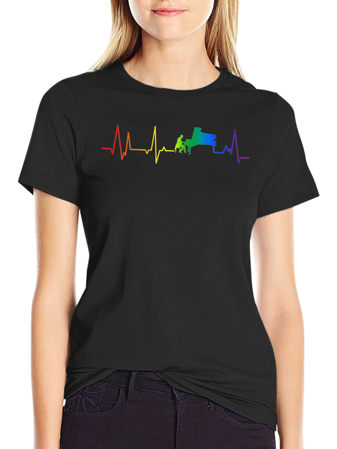 Piano Heartbeat Rainbow Graphic Tee - Black