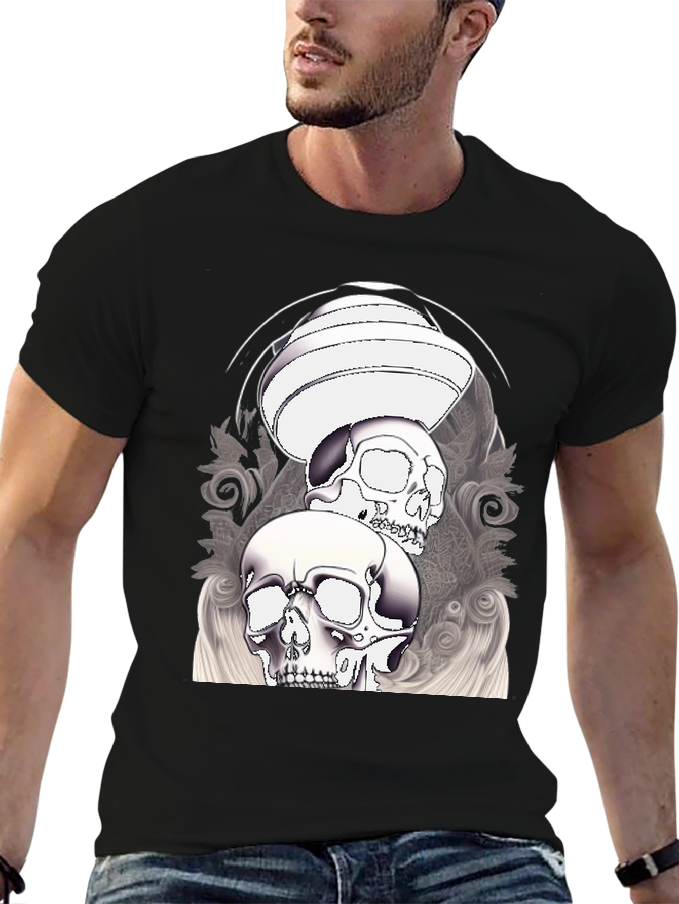 Skull Graphic T-Shirt - Black Crew Neck Tee