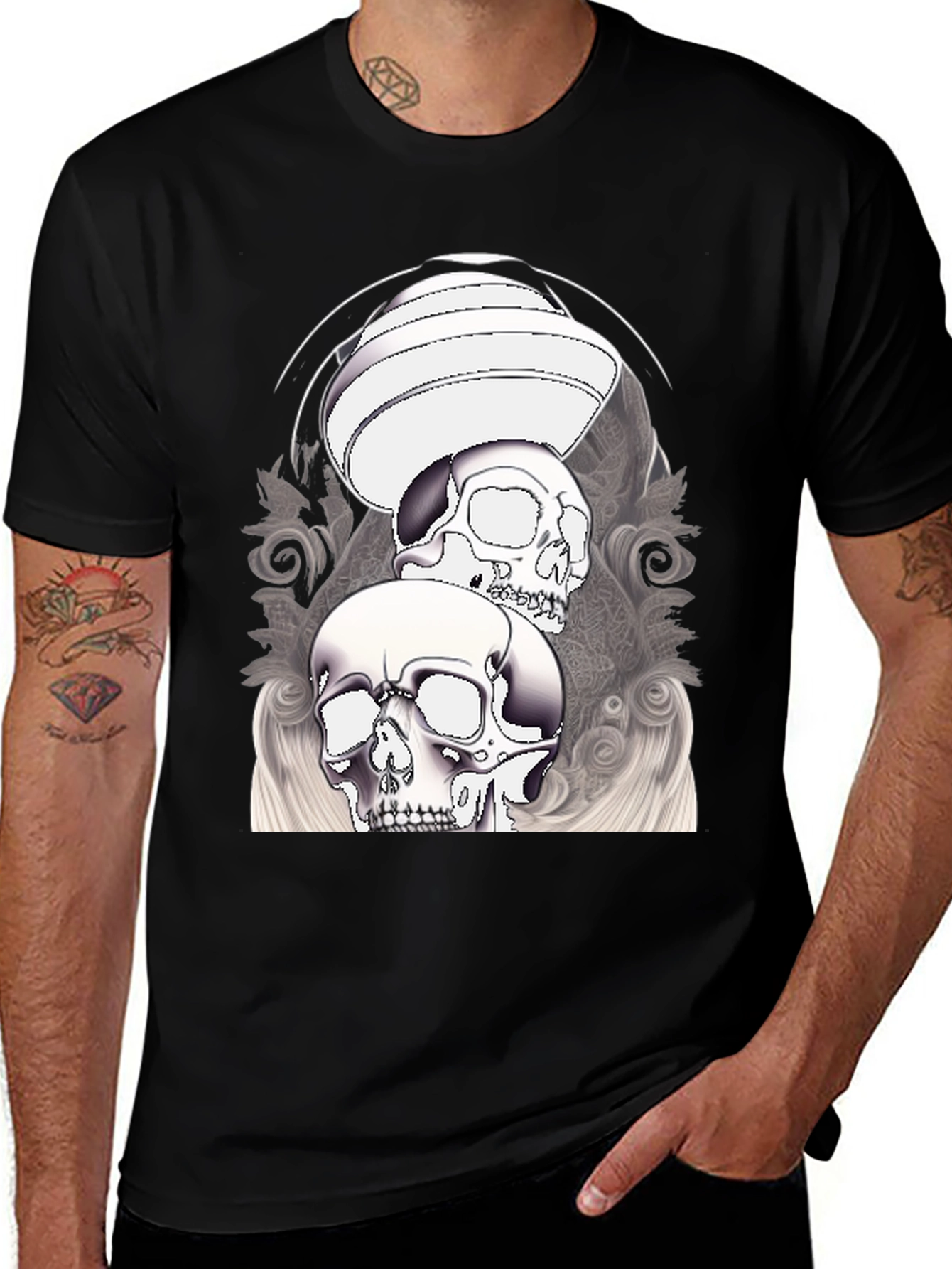 Skull Graphic T-Shirt - Black Crew Neck Tee