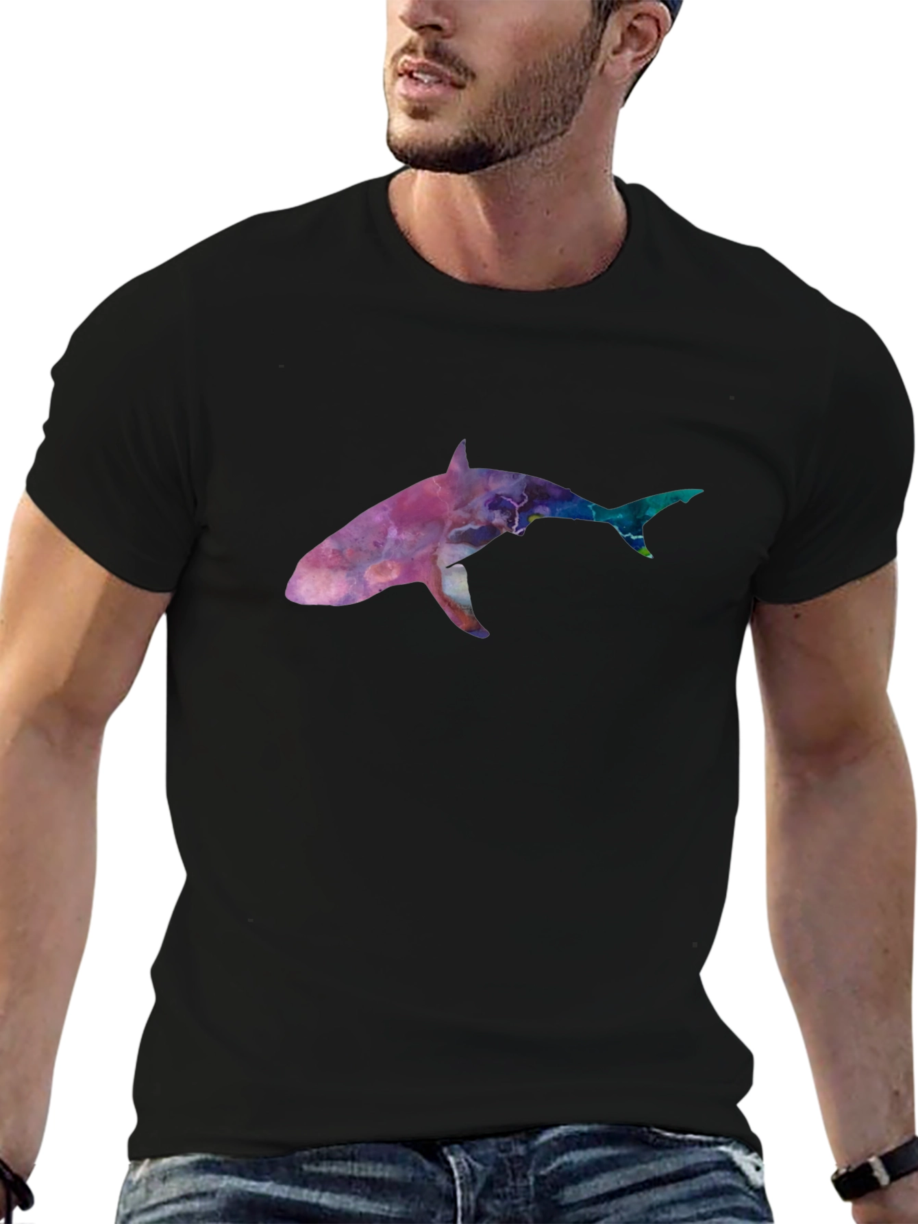 Galaxy Shark Graphic Tee - Black Cotton Blend