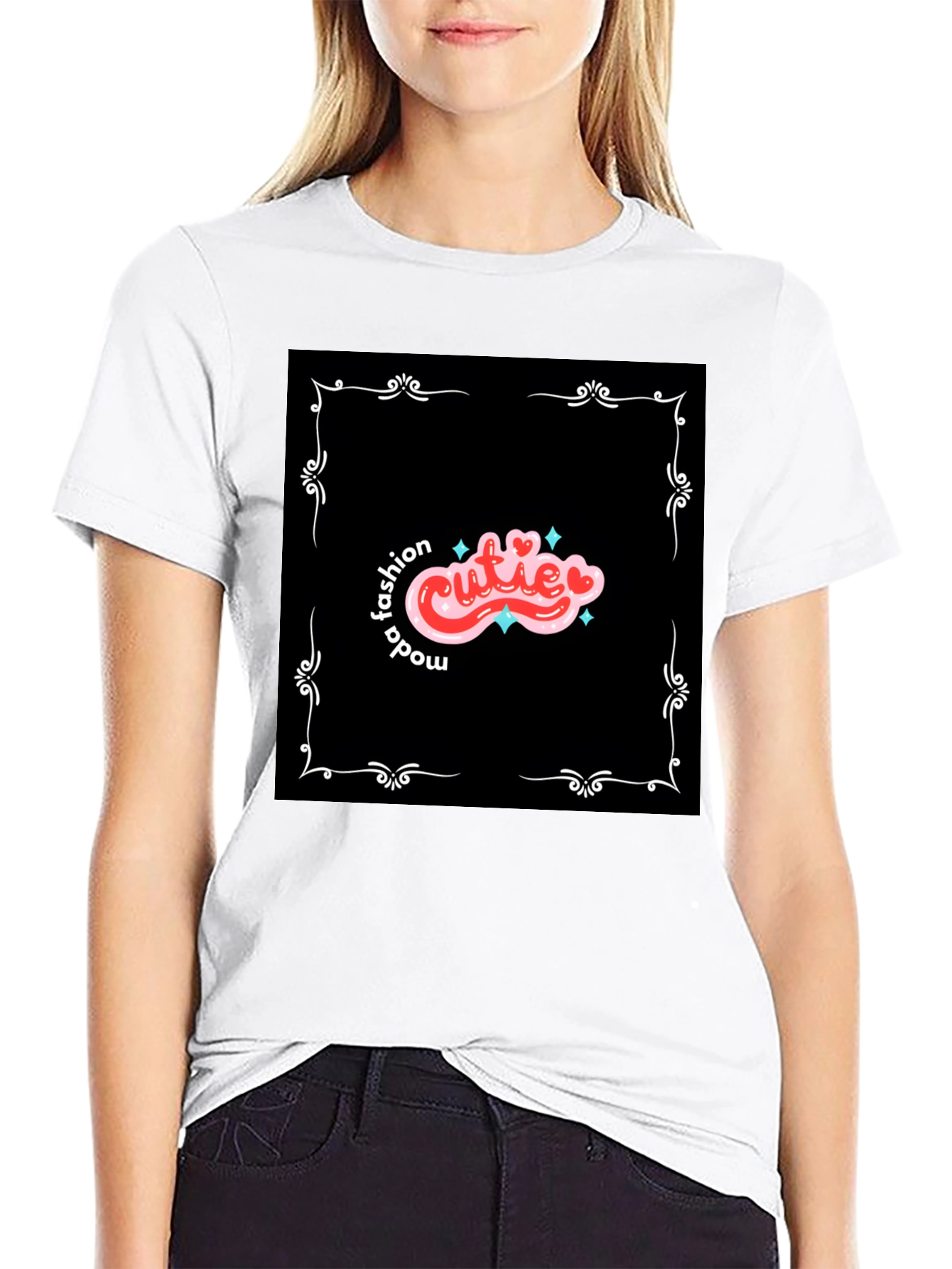 Cutie Fashion Graphic Tee - Trendy Black T-Shirt