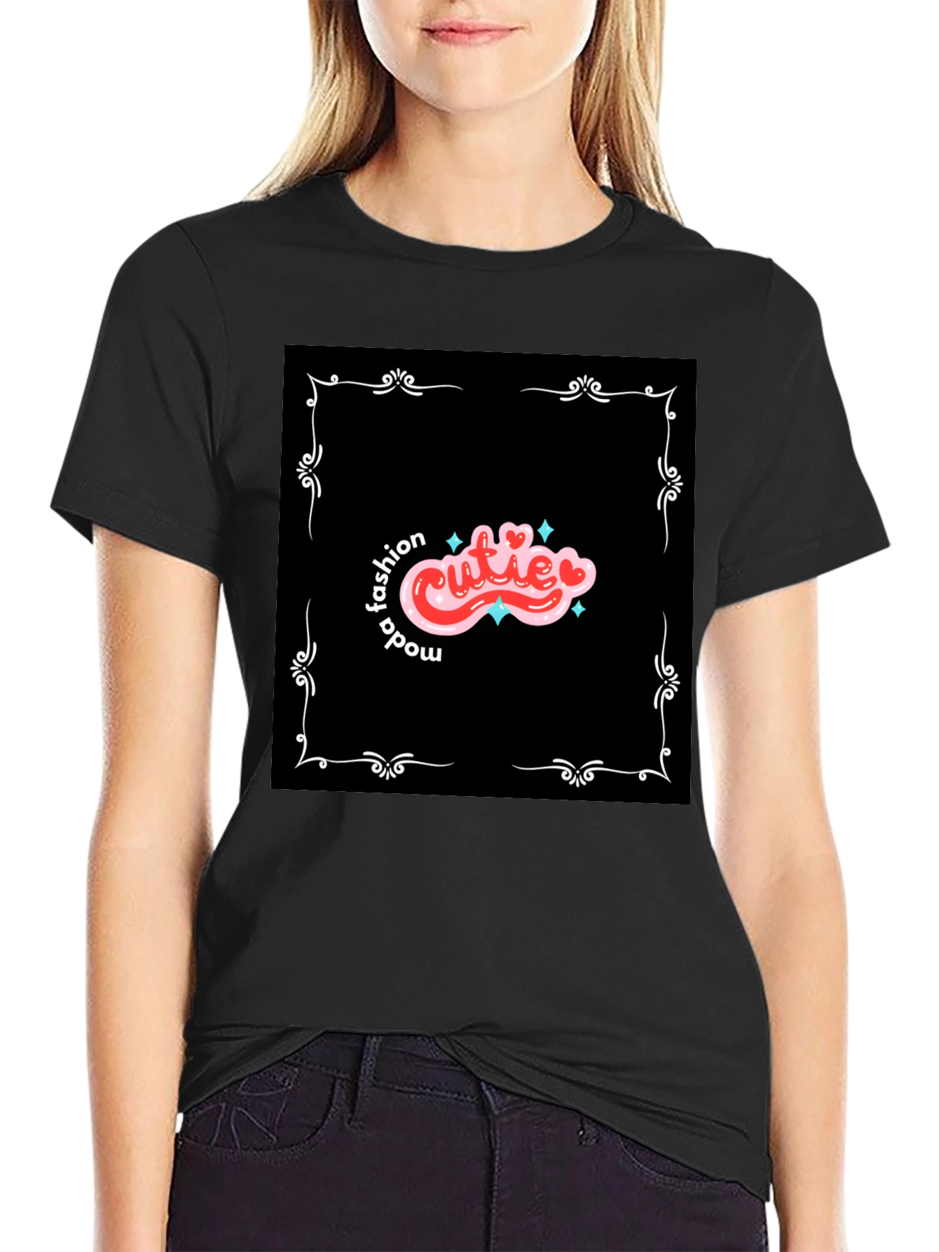 Cutie Fashion Graphic Tee - Trendy Black T-Shirt