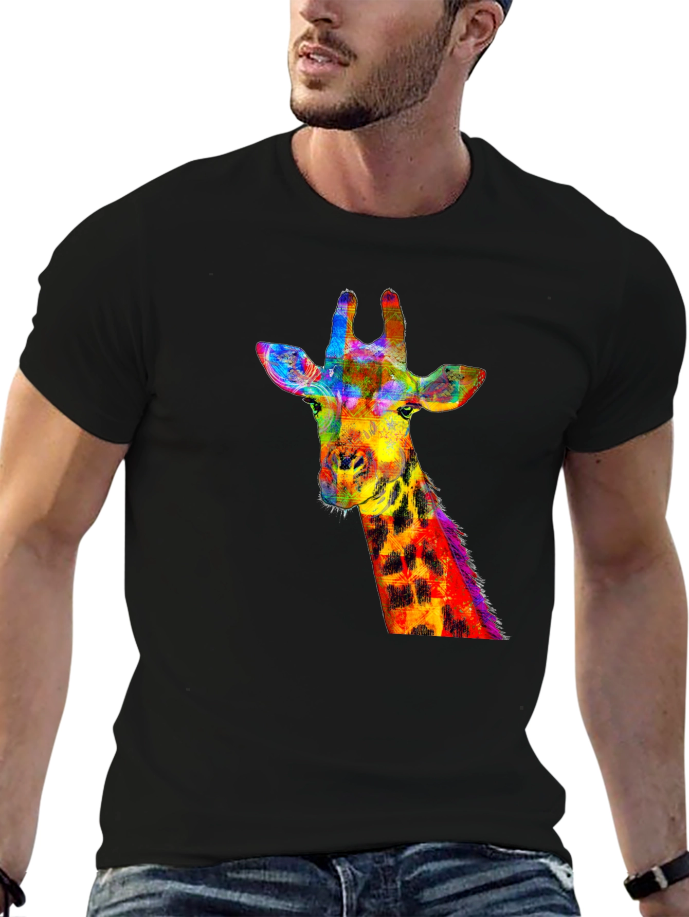 Vibrant Giraffe Graphic Tee - Stylish Black T-Shirt