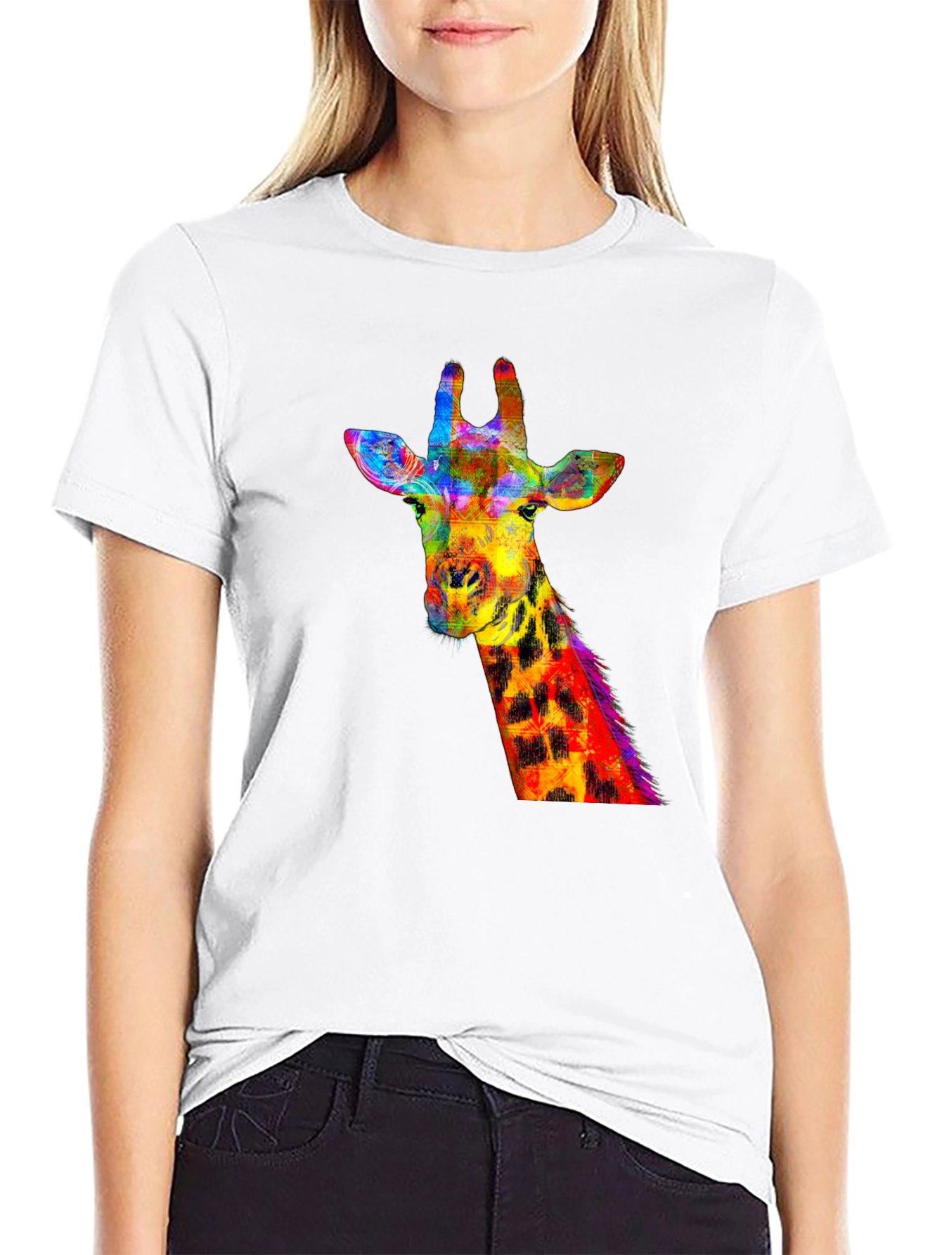 Vibrant Giraffe Graphic Tee - Stylish Black T-Shirt