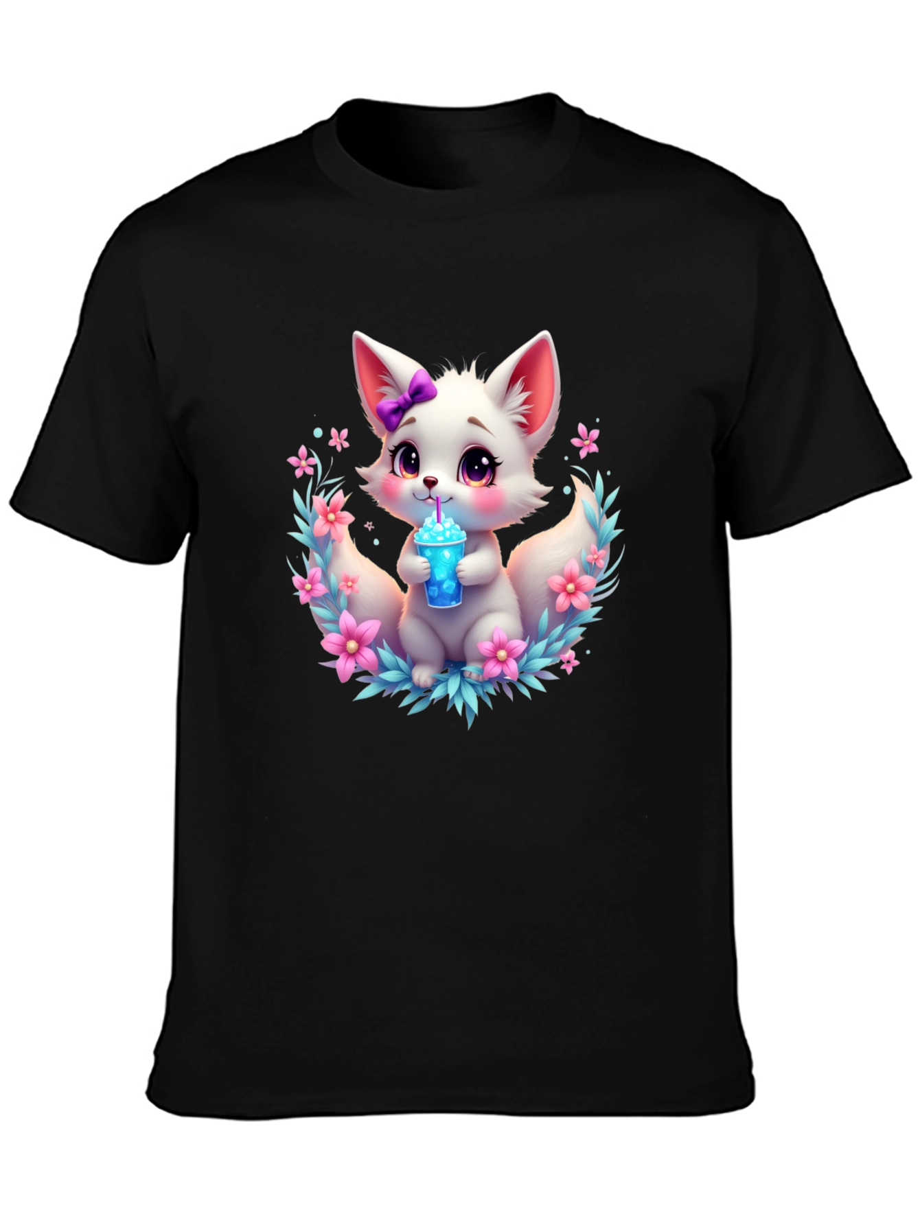 Cute Fox Graphic Tee - Black Cotton T-Shirt