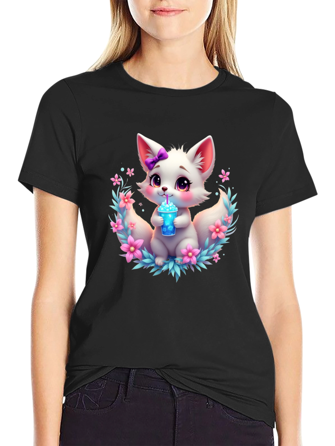 Cute Fox Graphic Tee - Black Cotton T-Shirt