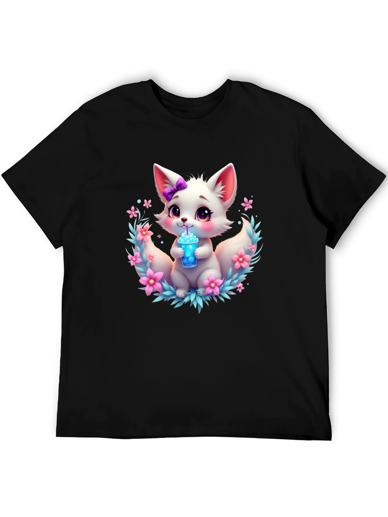 Cute Fox Graphic Tee - Black Cotton T-Shirt