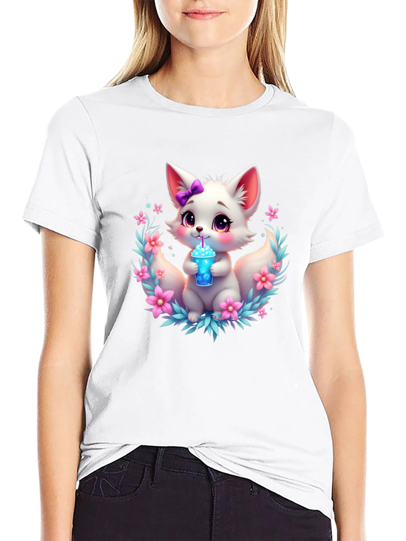 Cute Fox Graphic Tee - Black Cotton T-Shirt