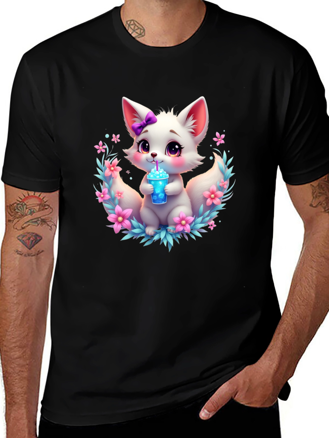 Cute Fox Graphic Tee - Black Cotton T-Shirt
