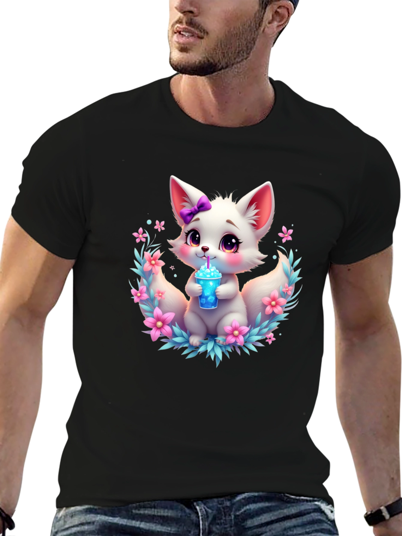 Cute Fox Graphic Tee - Black Cotton T-Shirt