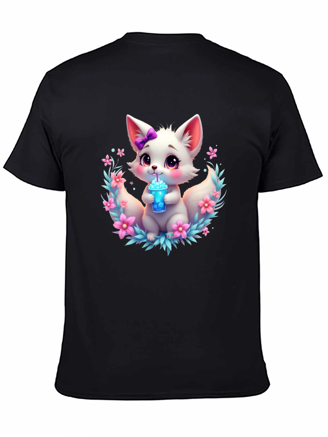 Cute Fox Graphic Tee - Black Cotton T-Shirt