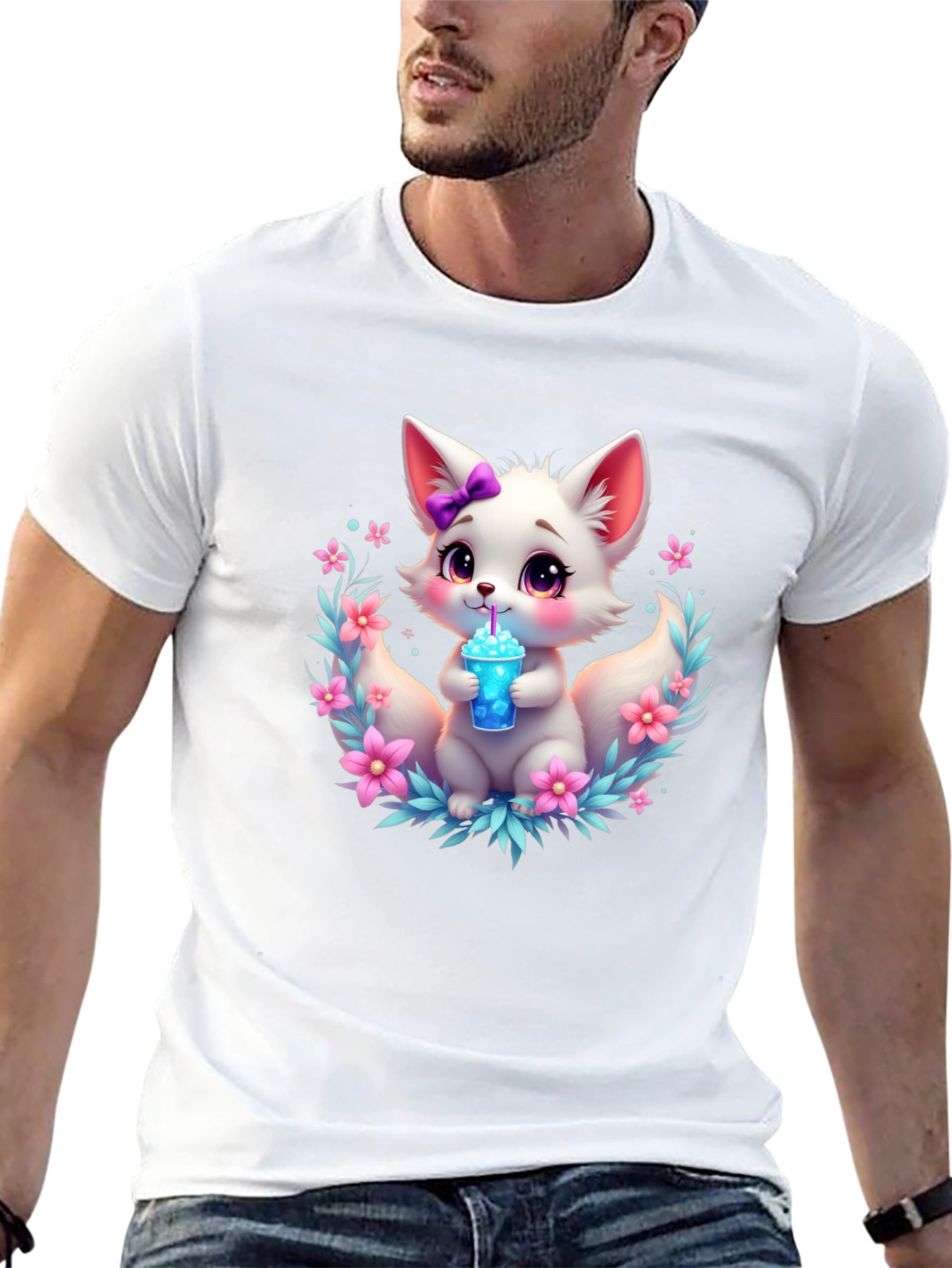 Cute Fox Graphic Tee - Black Cotton T-Shirt