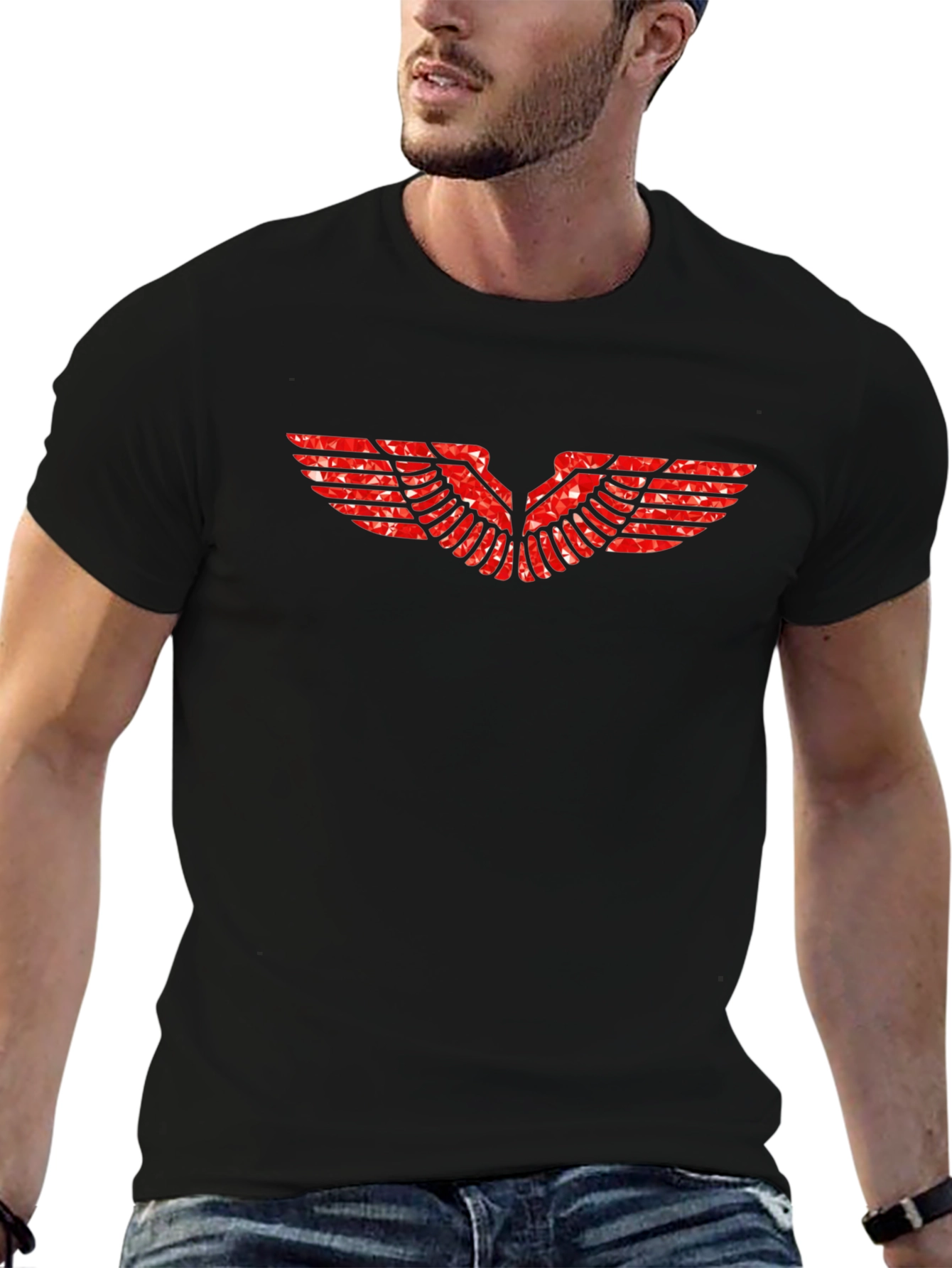 Black Tee with Red Wing Graphic