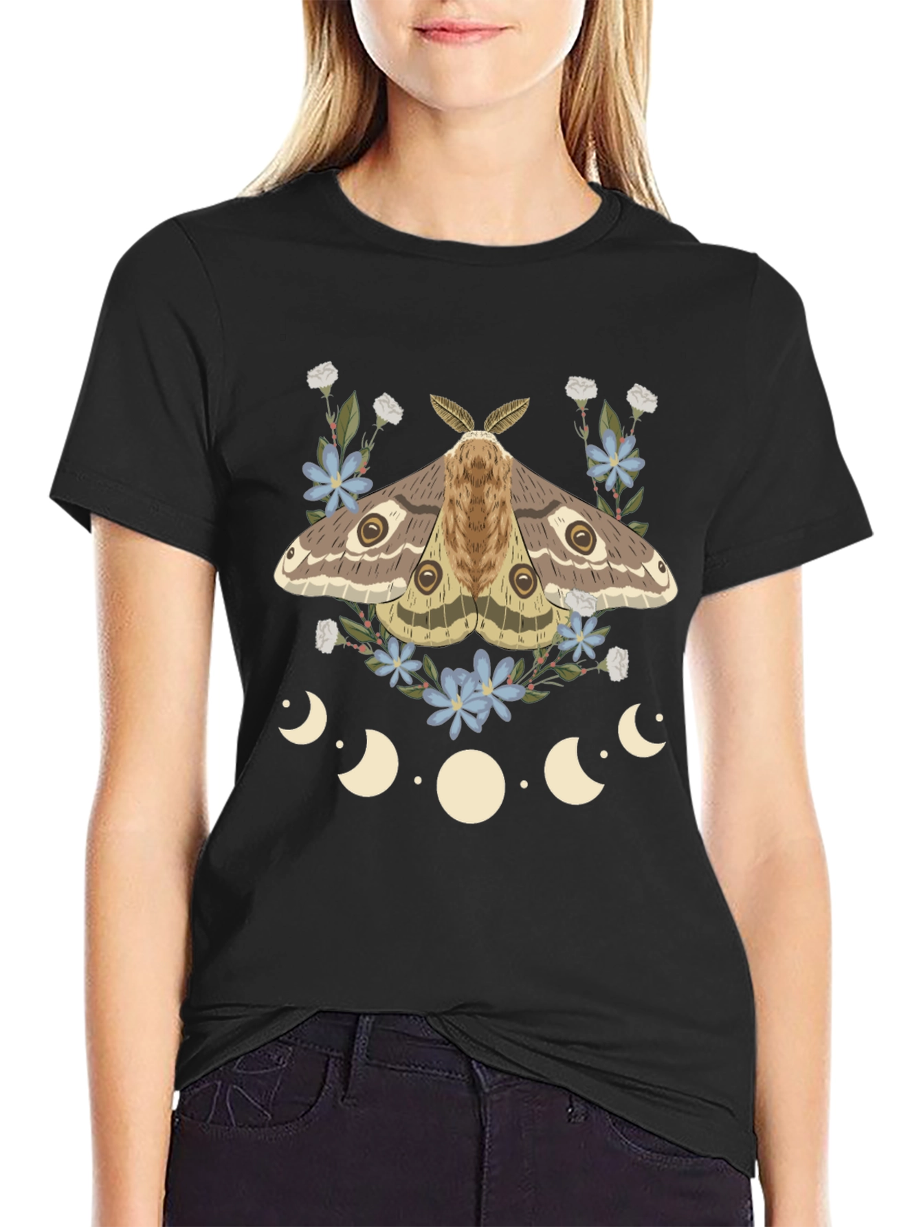 Moth & Moon Phases Graphic Tee - Mystical Design