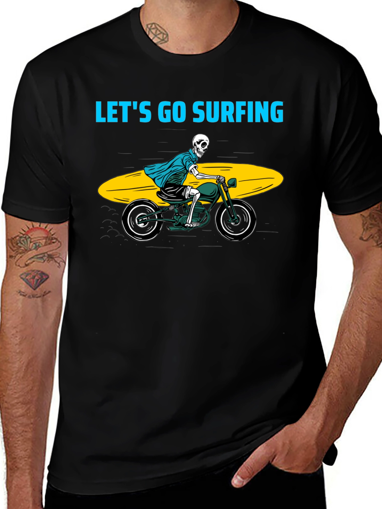 Skeleton Surfer Motorcycle Black Graphic Tee