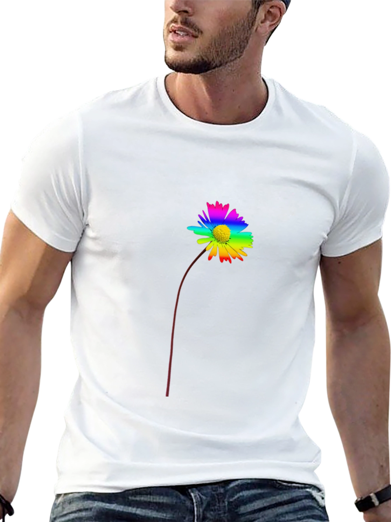Rainbow Flower Graphic Tee - Black Cotton Casual Shirt