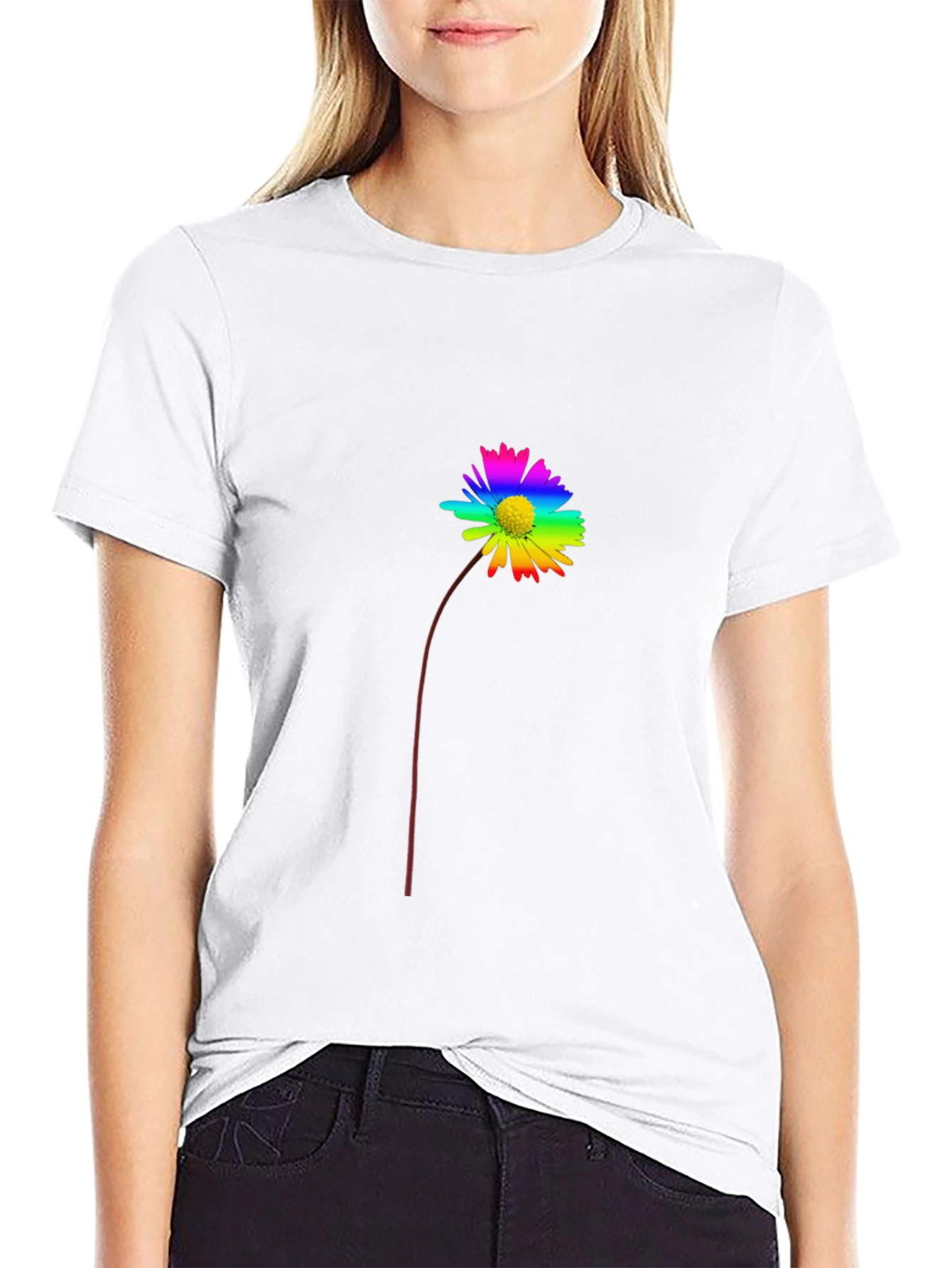 Rainbow Flower Graphic Tee - Black Cotton Casual Shirt