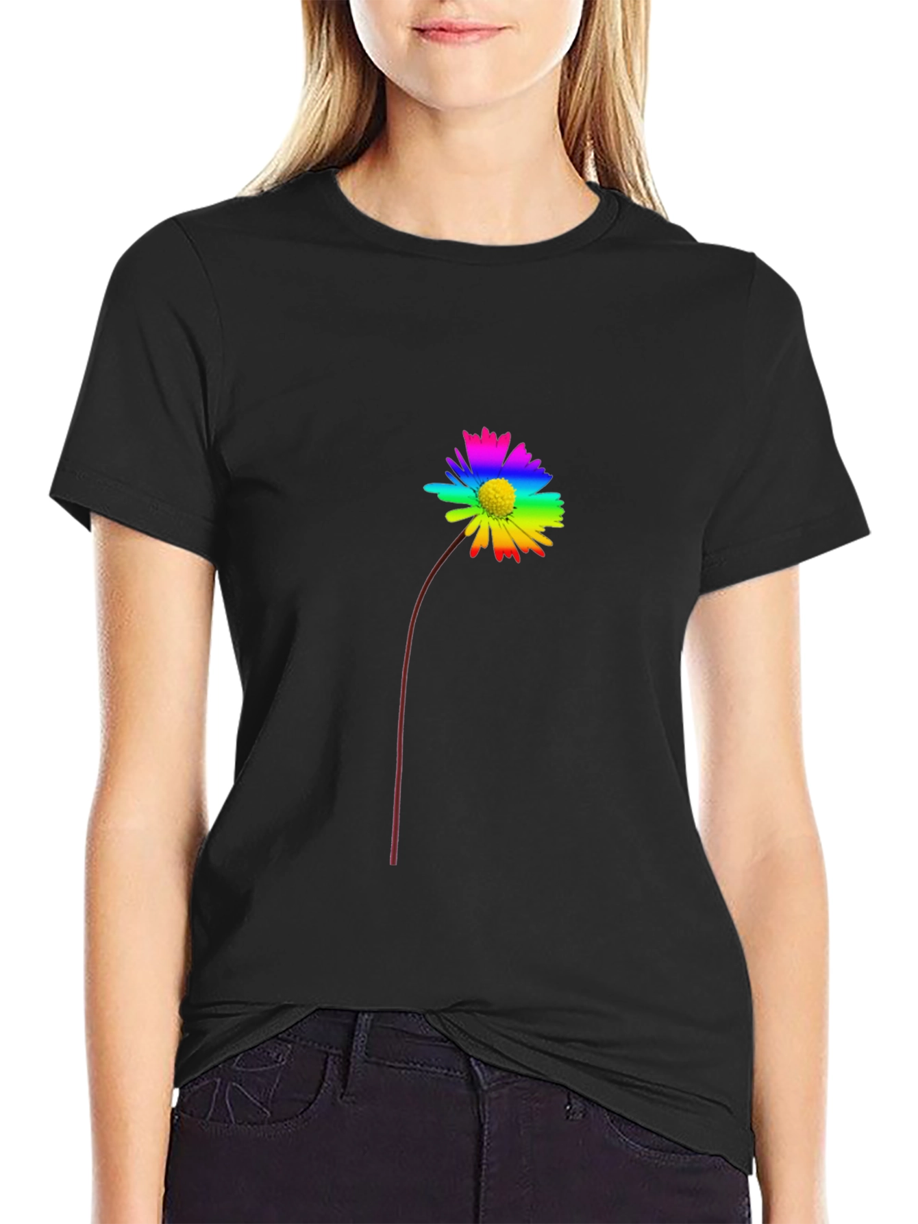 Rainbow Flower Graphic Tee - Black Cotton Casual Shirt