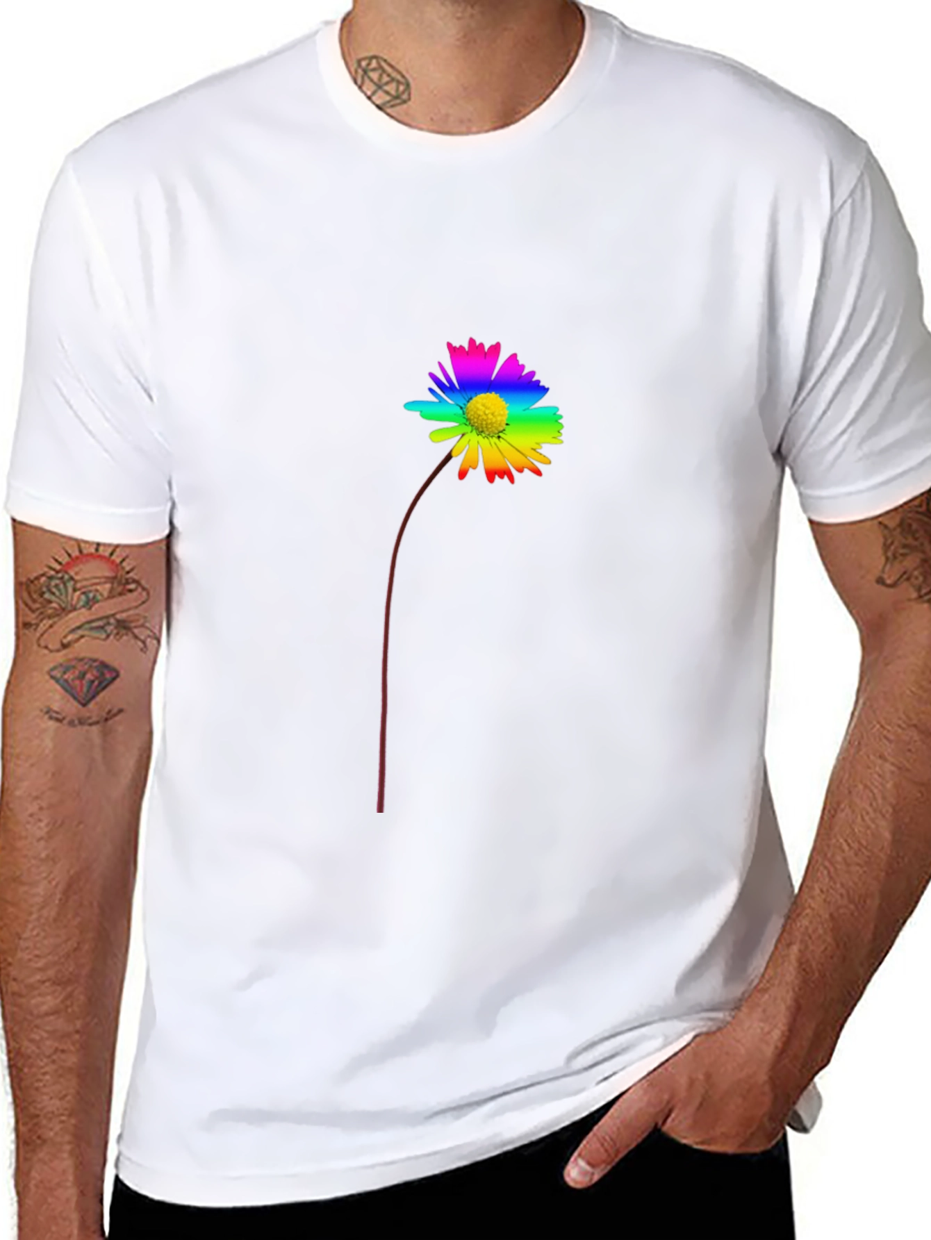 Rainbow Flower Graphic Tee - Black Cotton Casual Shirt