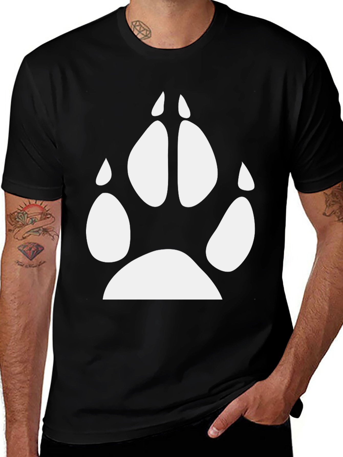 Mens Black T-Shirt with White Paw Print Design