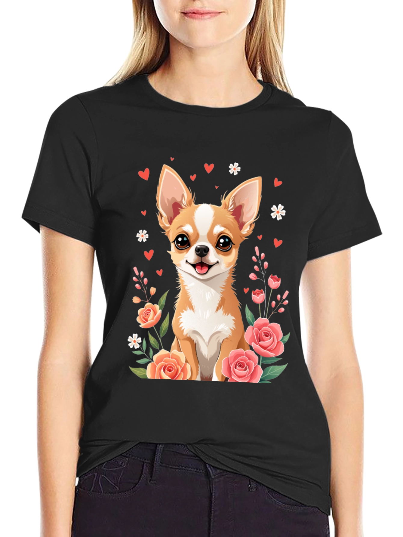 Chihuahua & Roses Black T-Shirt - Cute Dog Tee