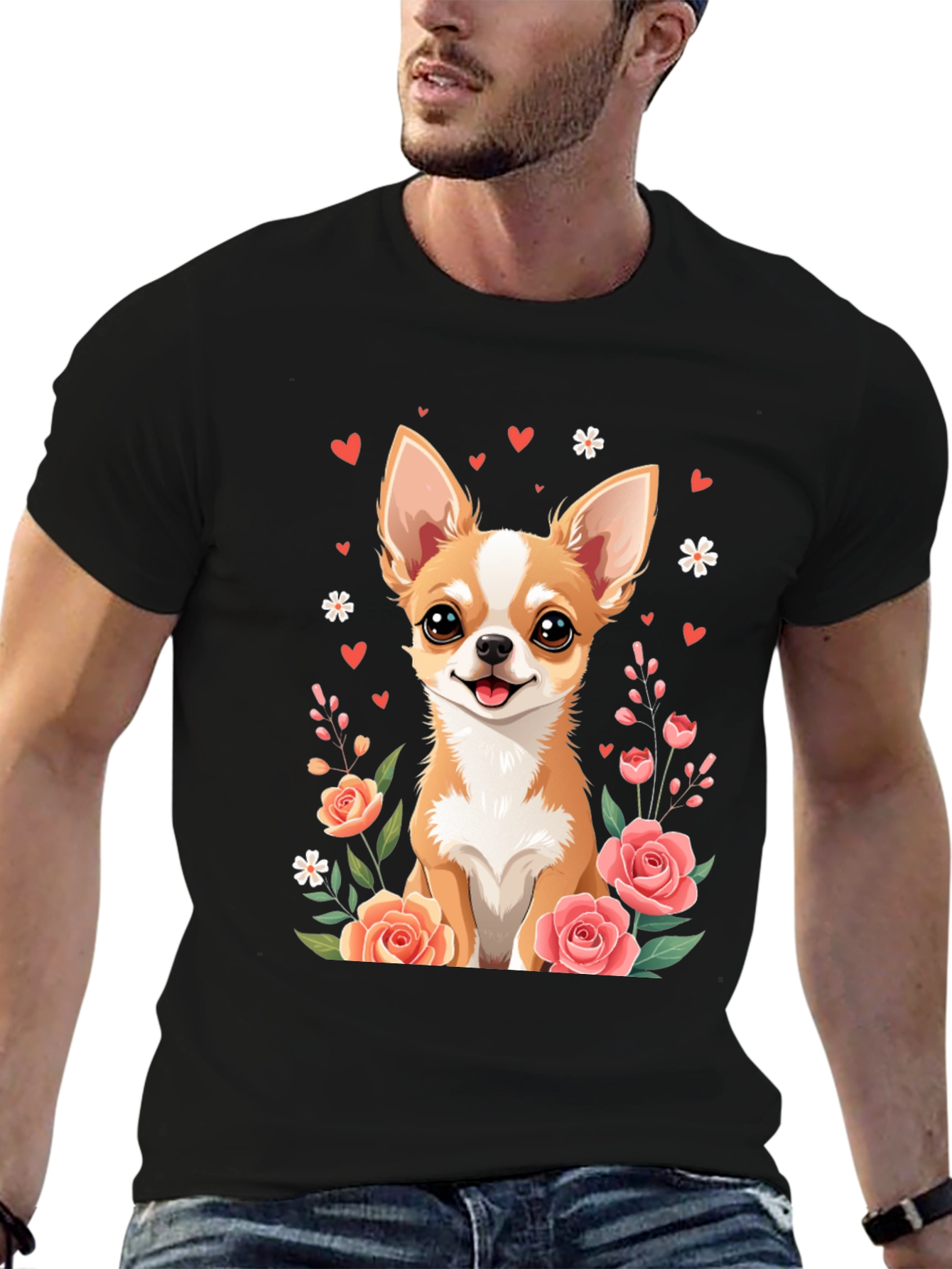 Chihuahua & Roses Black T-Shirt - Cute Dog Tee