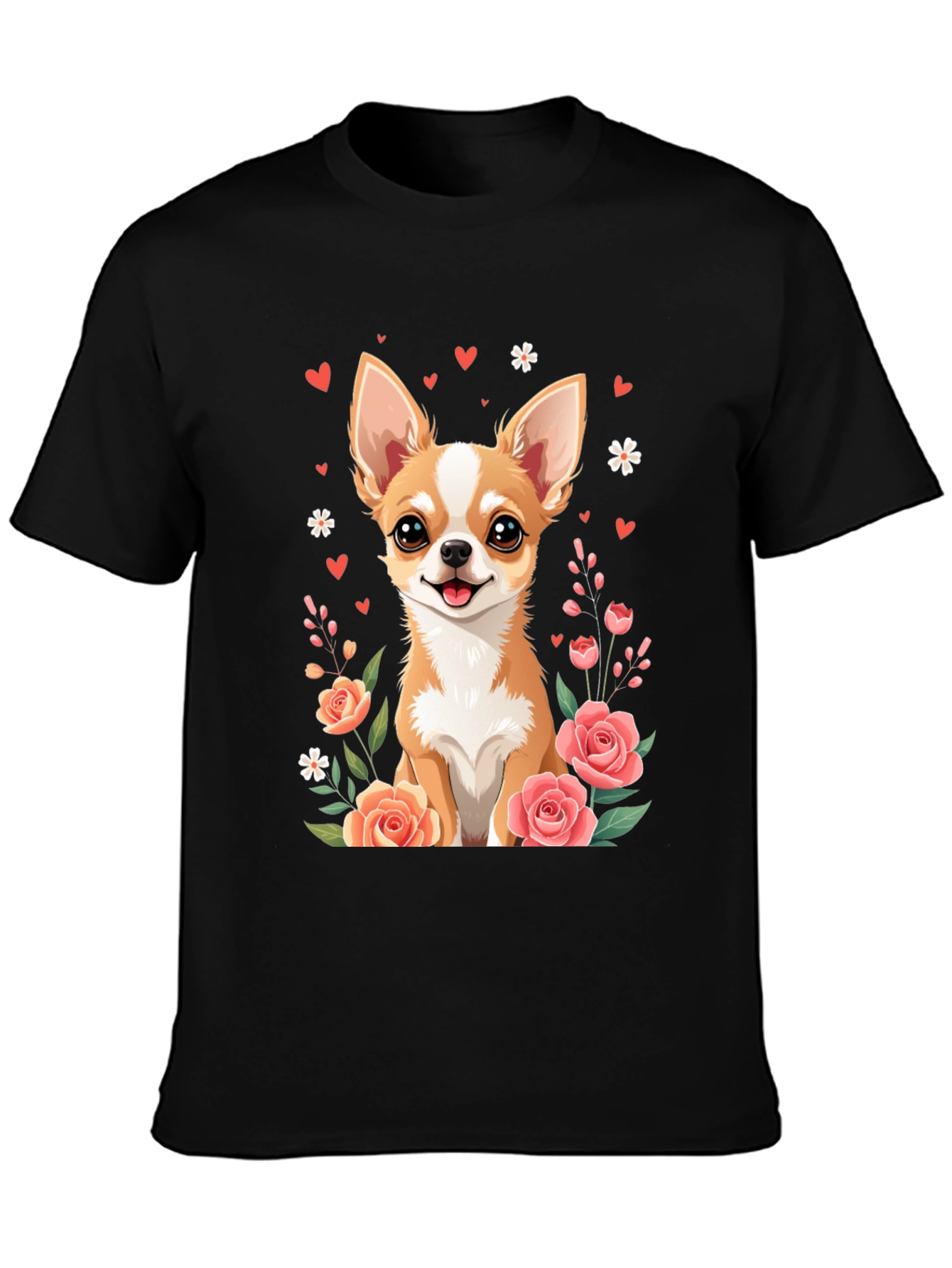 Chihuahua & Roses Black T-Shirt - Cute Dog Tee