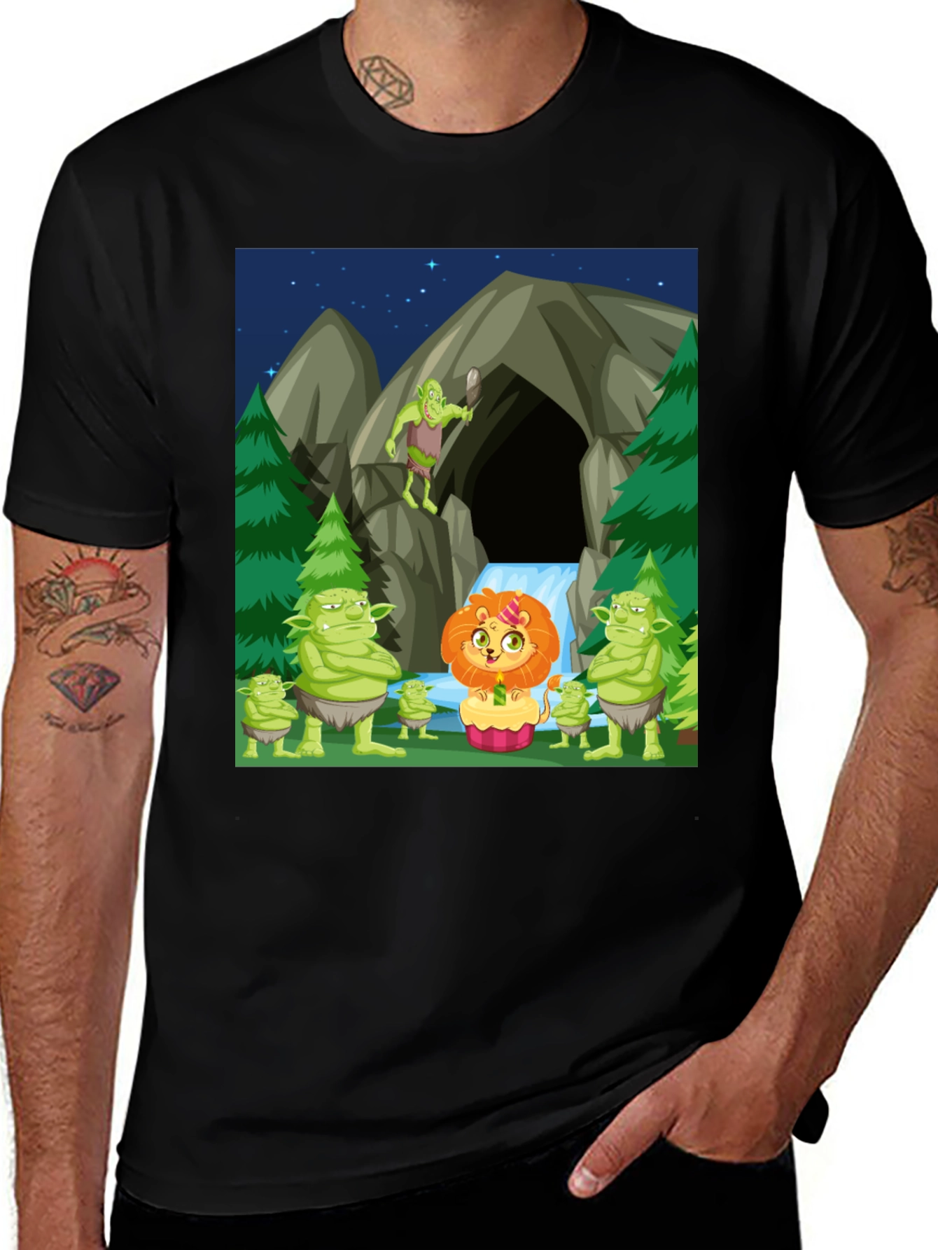 Cartoon Lion & Trolls Black T-Shirt