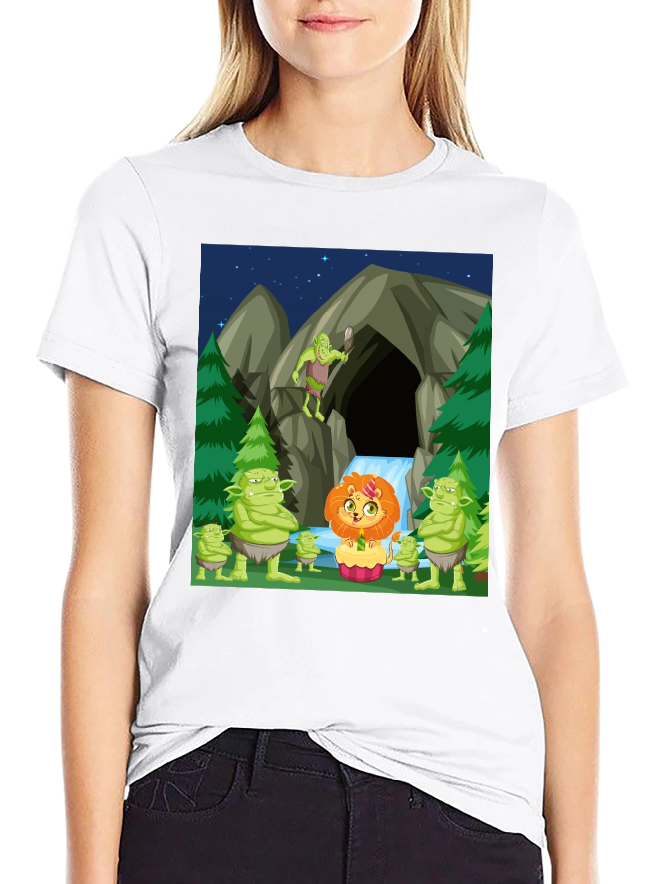 Cartoon Lion & Trolls Black T-Shirt