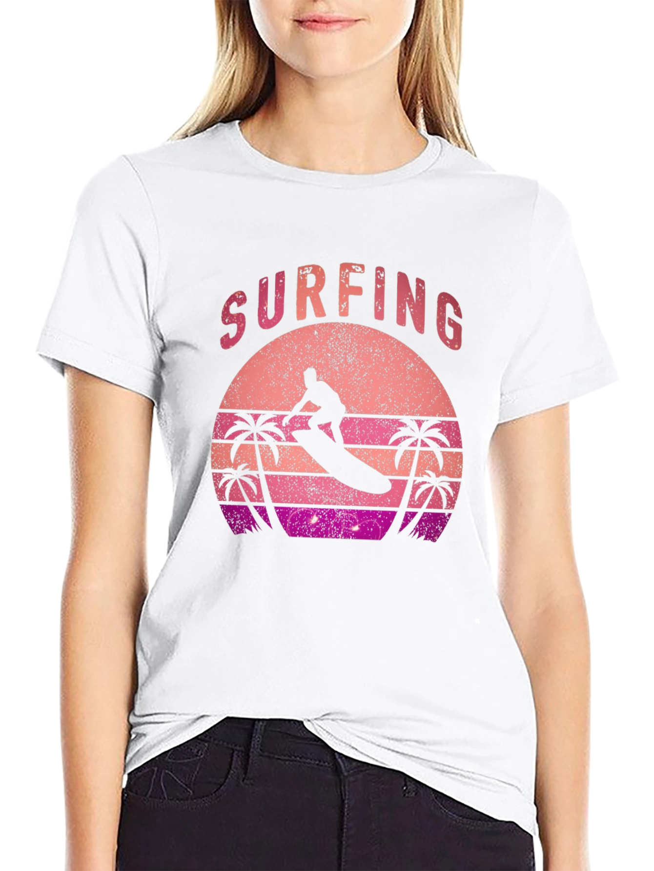 Retro Surfing Sunset Graphic Tee - Black Cotton T-Shirt
