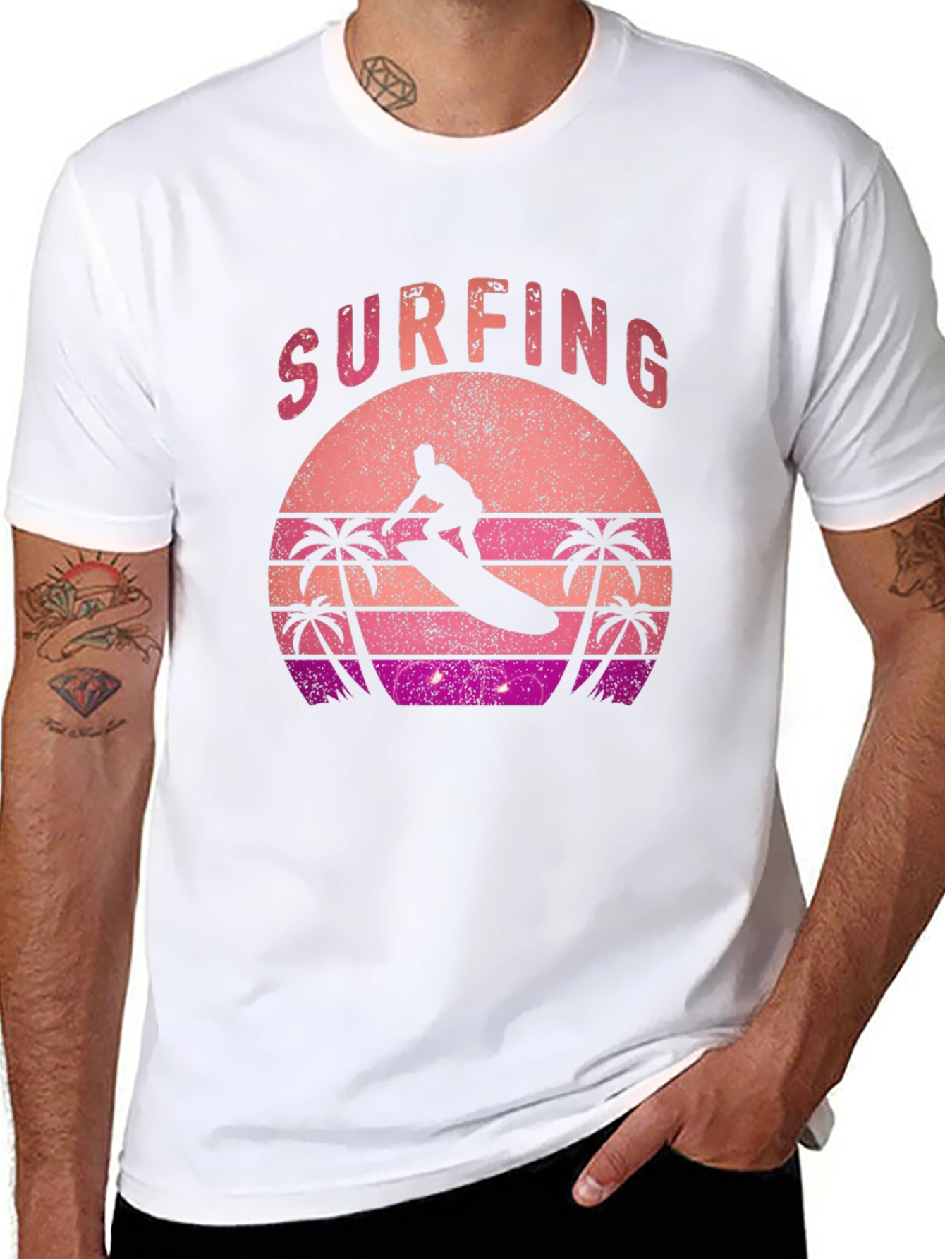 Retro Surfing Sunset Graphic Tee - Black Cotton T-Shirt