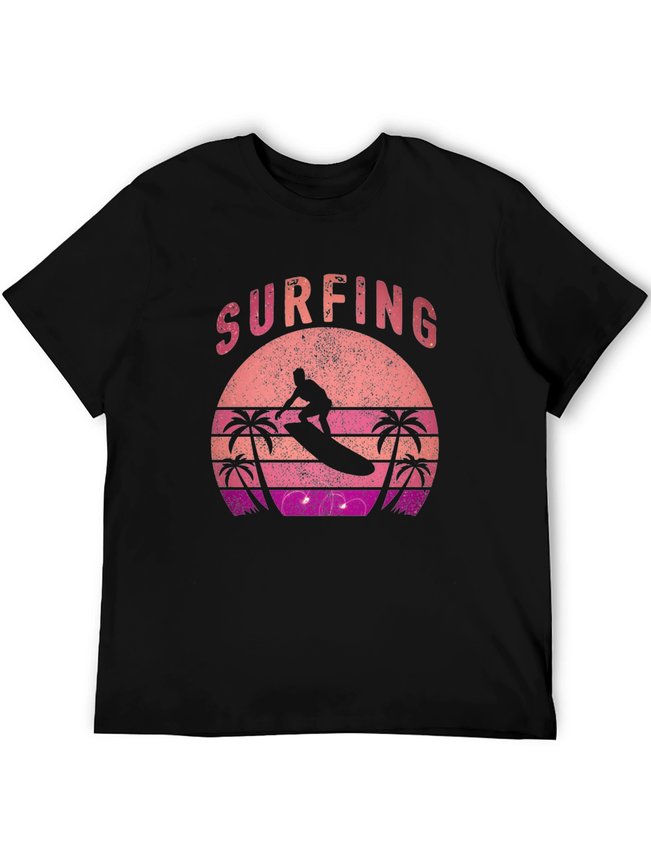 Retro Surfing Sunset Graphic Tee - Black Cotton T-Shirt