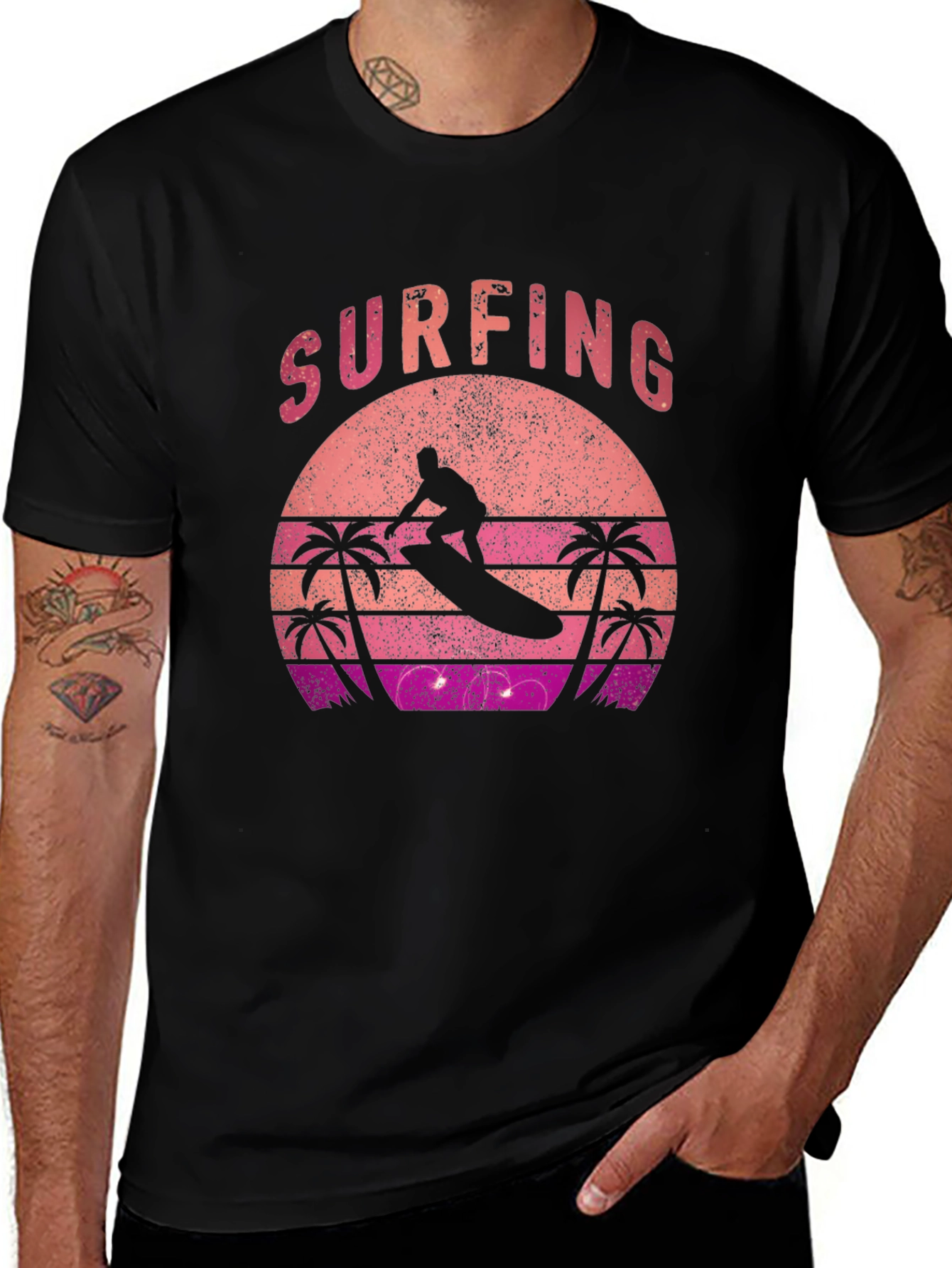 Retro Surfing Sunset Graphic Tee - Black Cotton T-Shirt