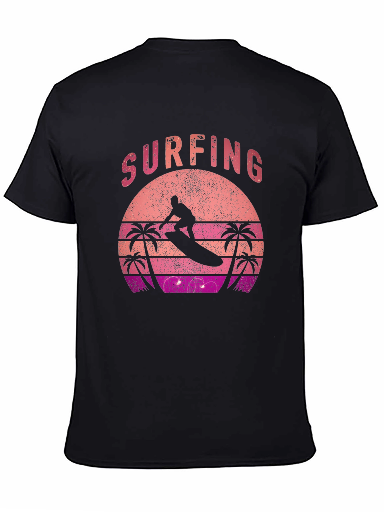 Retro Surfing Sunset Graphic Tee - Black Cotton T-Shirt