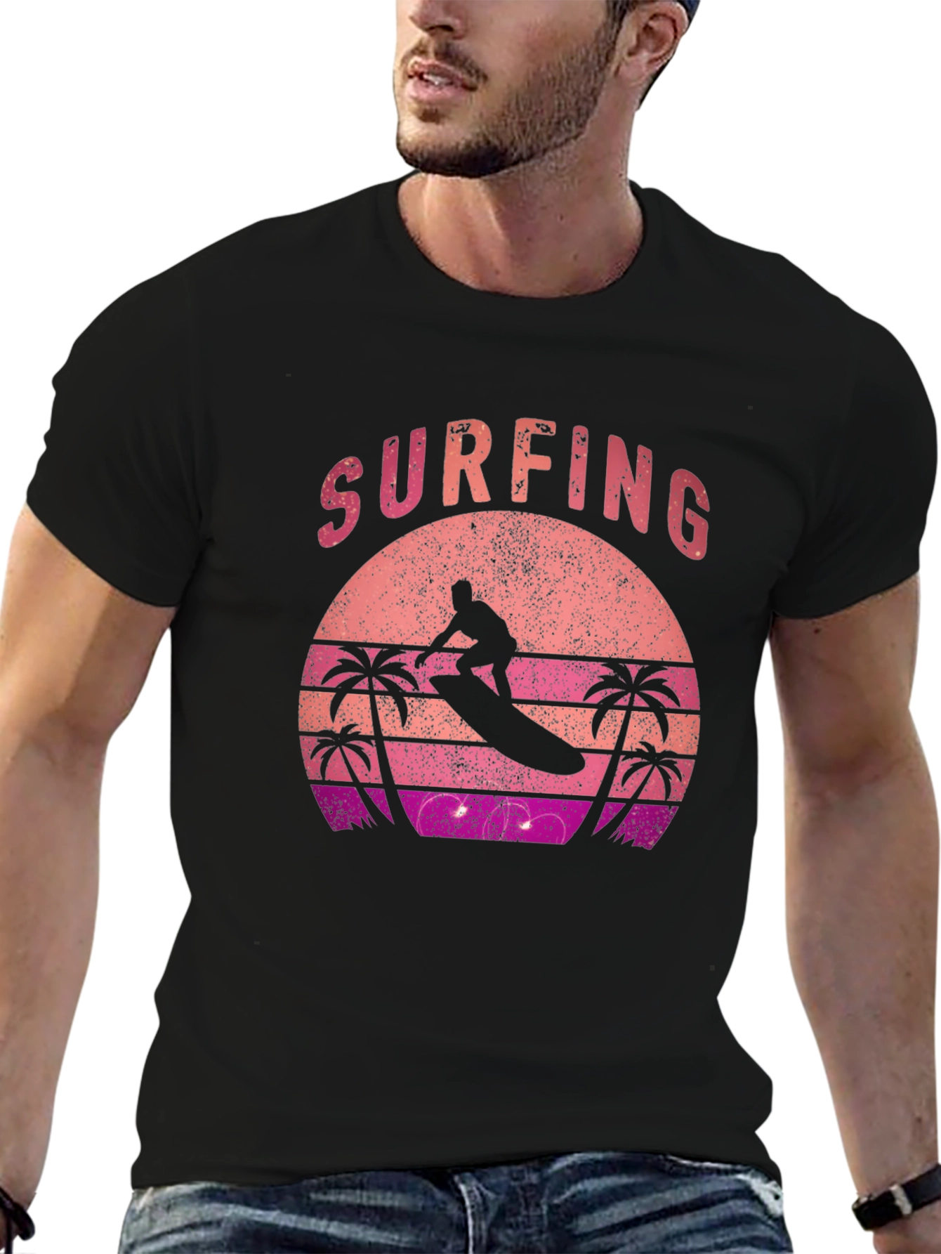 Retro Surfing Sunset Graphic Tee - Black Cotton T-Shirt