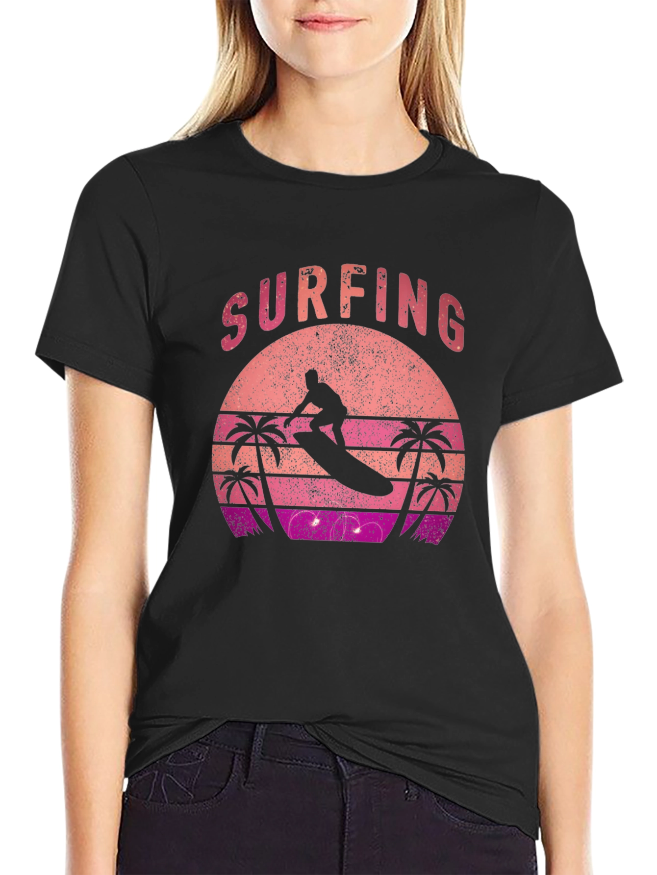 Retro Surfing Sunset Graphic Tee - Black Cotton T-Shirt