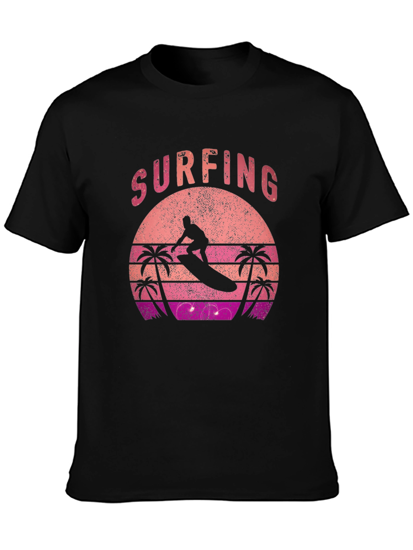 Retro Surfing Sunset Graphic Tee - Black Cotton T-Shirt